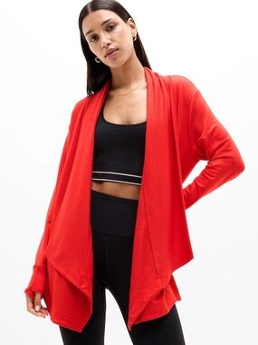 Athleta Woman Red Relax Open Cardigan Sweater MEDIUM Athleisure Classic Cozy